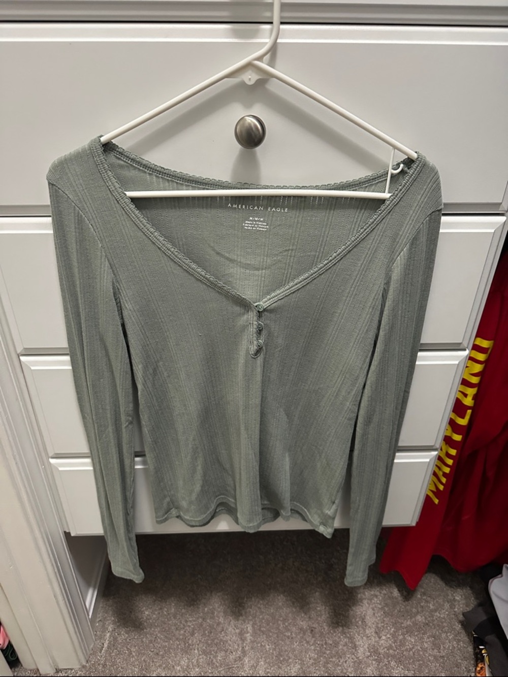 American Eagle Light Sage Ribbed Long Sleeve Henley
